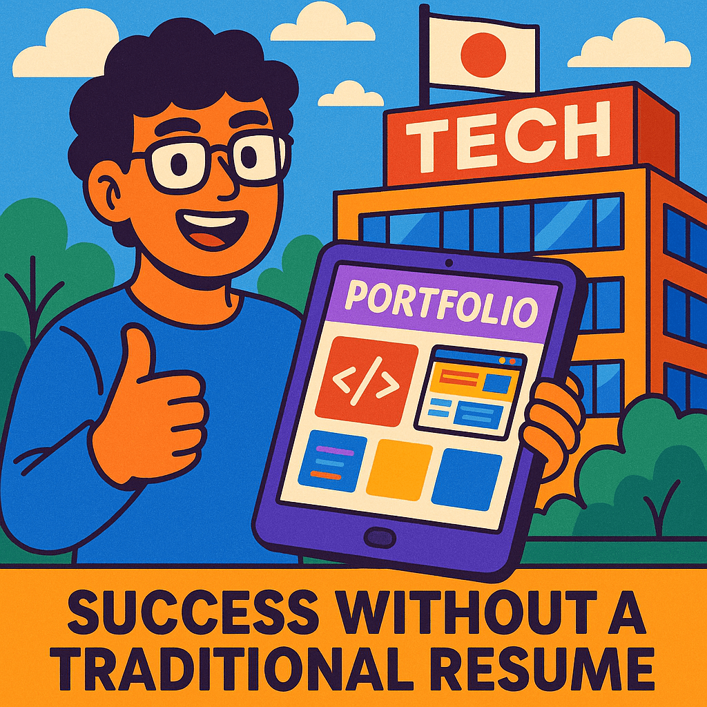 A developer showcasing their portfolio with a Japanese tech company in the background