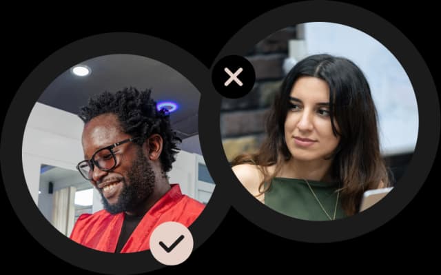 Split screen showing a man smiling and a woman looking away, with check and cross icons.